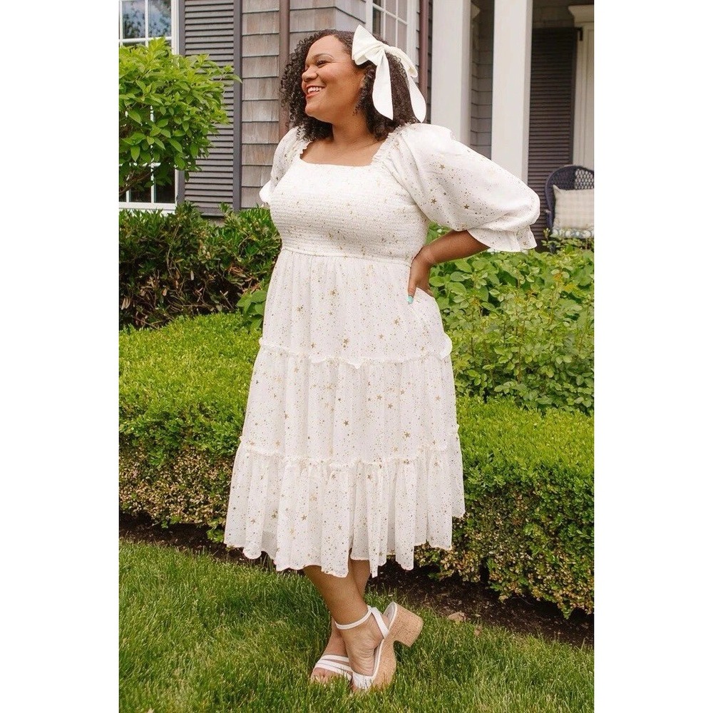Ivy City Co Midsummer Nights Dress 2X Plus White Gold Star Foil Smock Maxi Tier